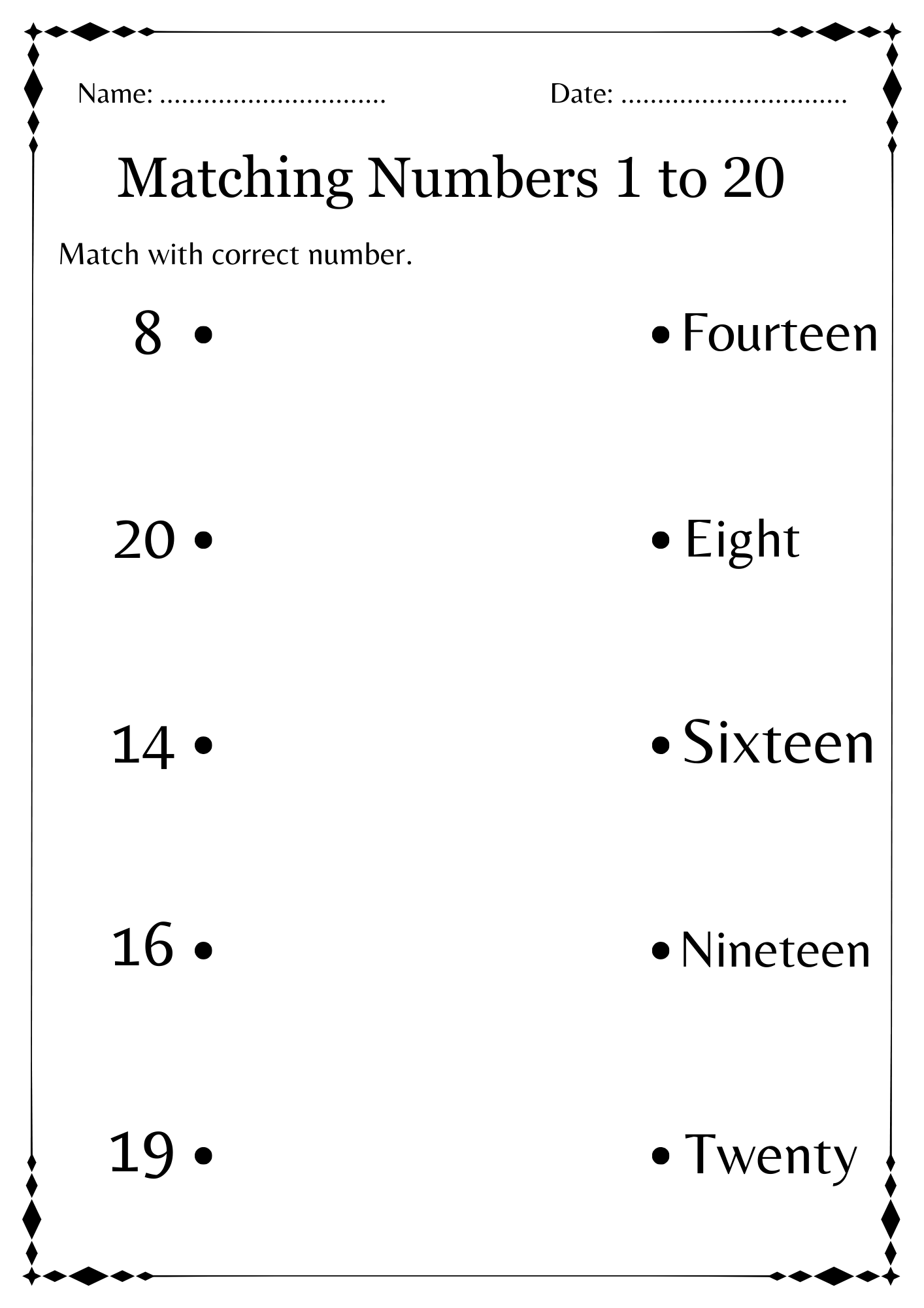 Kindergarten Count And Match Worksheets 1 20 Matching Numbers To 20 Made By Teachers