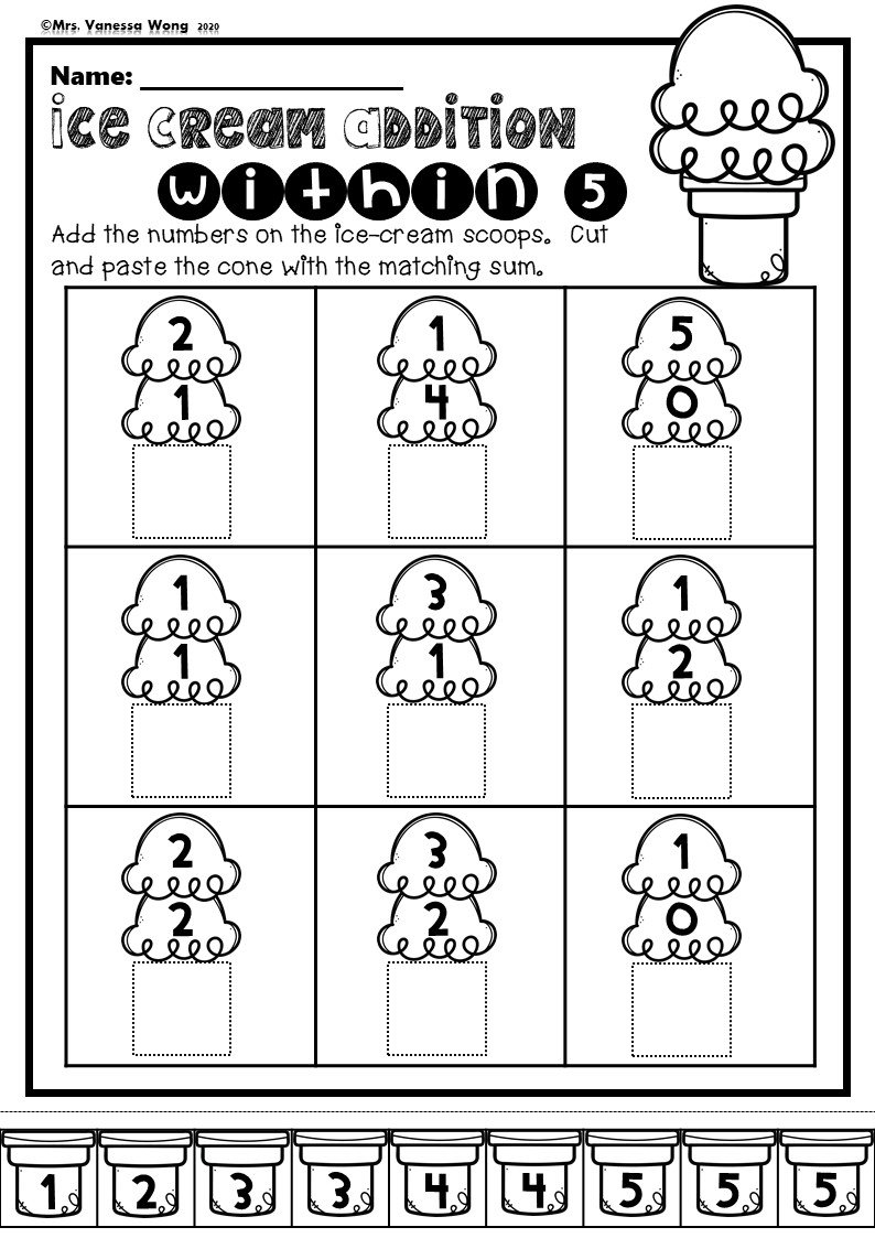 Kindergarten Math Worksheets Addition Cut And Paste Etsy
