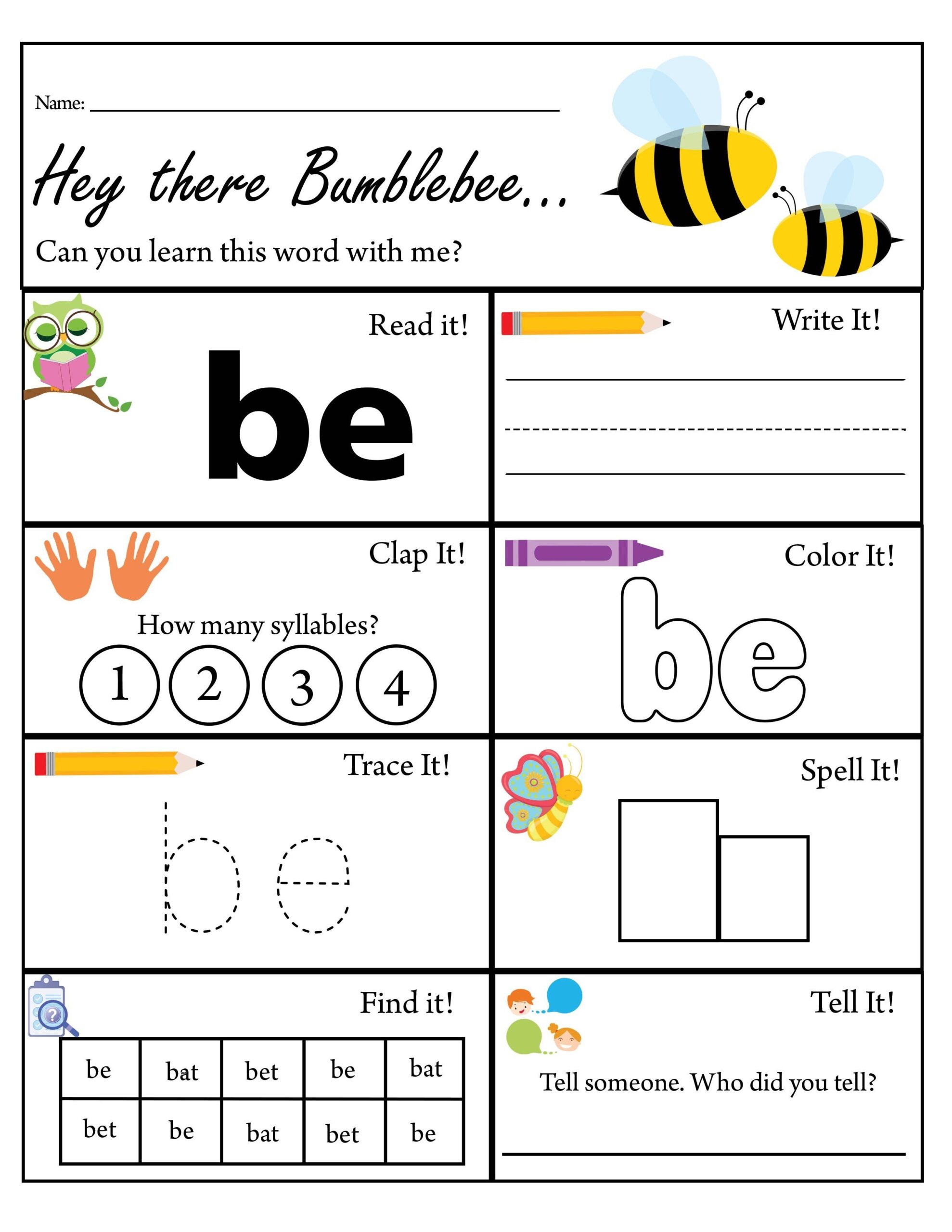 Kindergarten Sight Word Be Worksheet Dolch Sight Words TPT