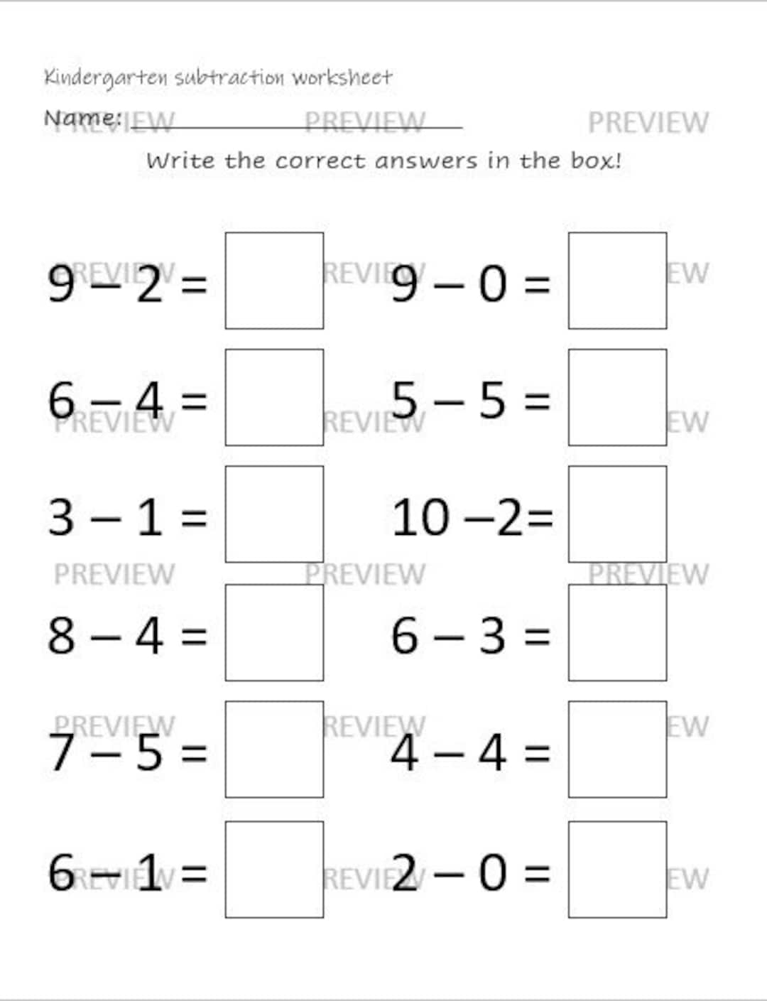 Kindergarten Subtraction Worksheet Etsy Kindergarten Subtraction Worksheet Etsy