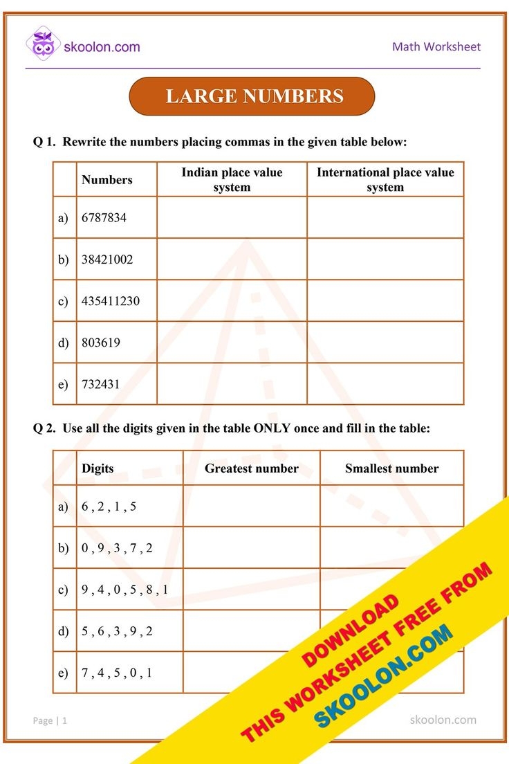 Large Numbers Class 4 Worksheet Large Numbers Class 4 Worksheet