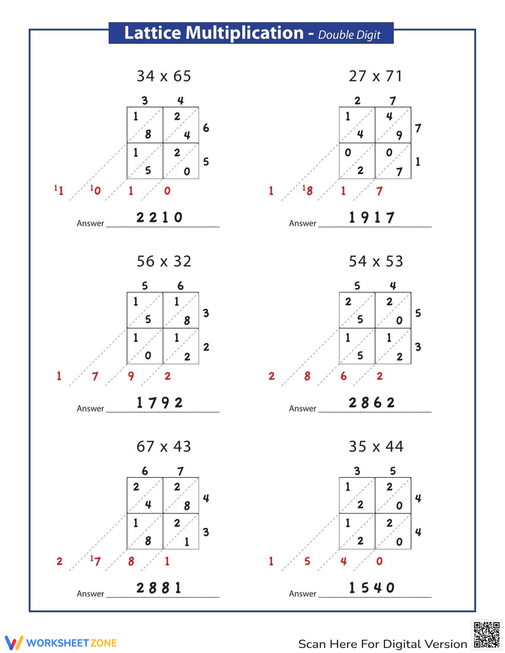 Lattice Method Of Multiplication Worksheet Worksheets Library