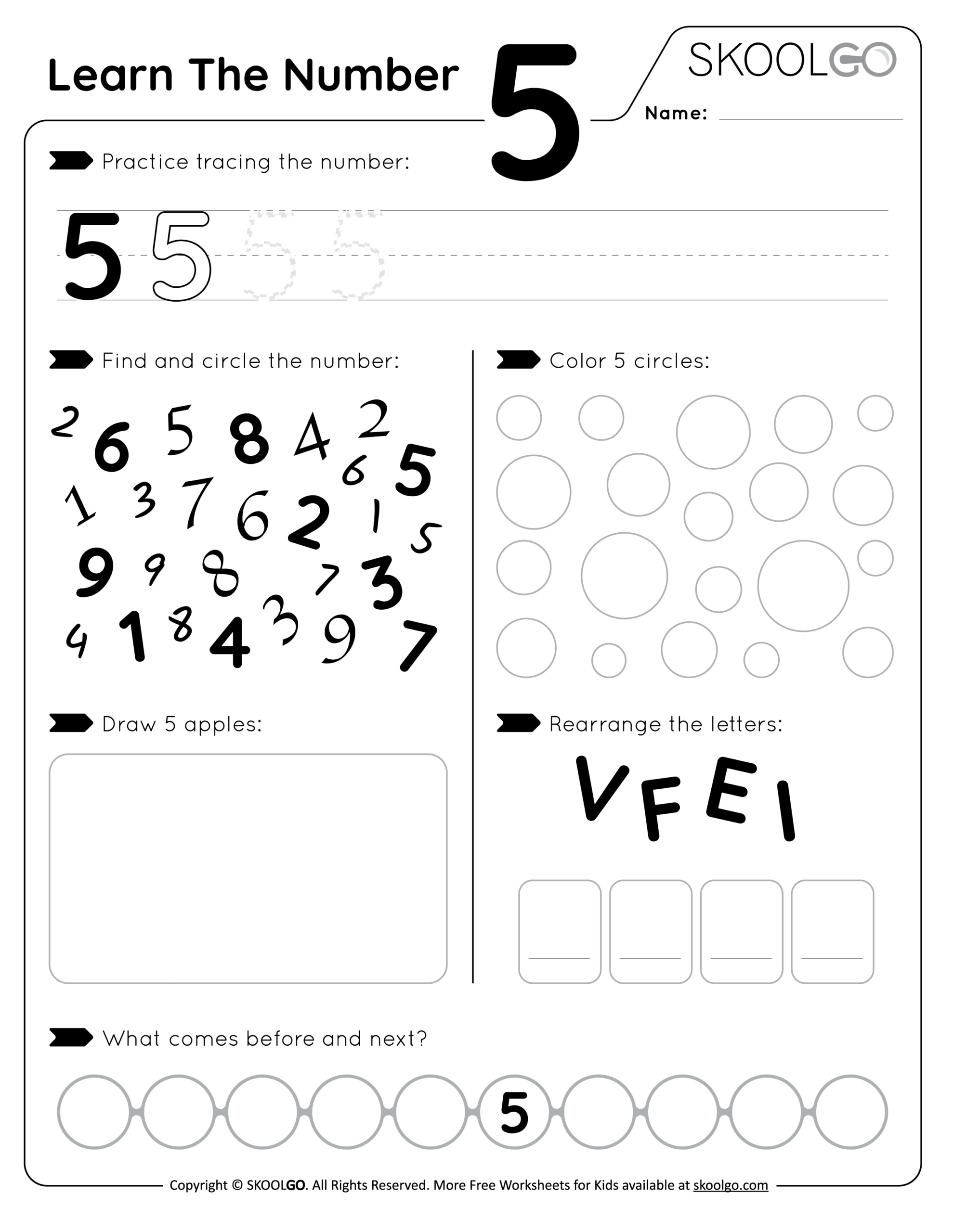 Learn The Number 5 Free Worksheet For Kids SKOOLGO