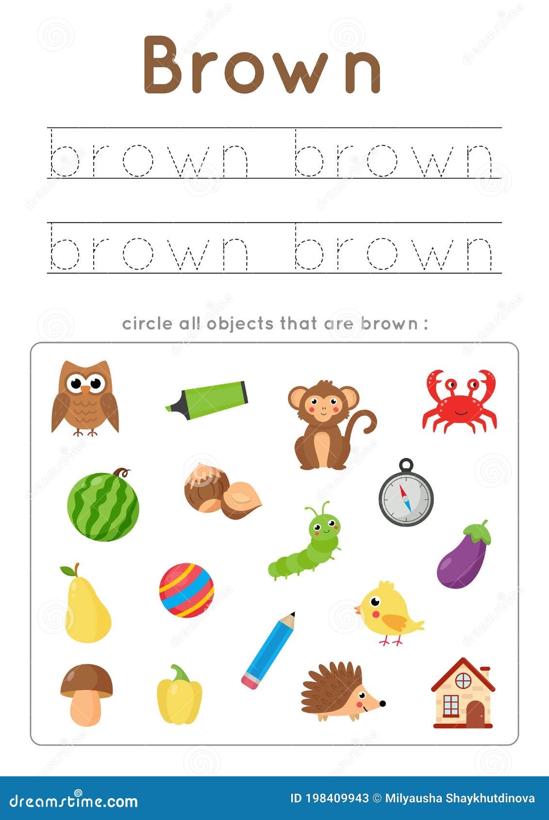 Learning Brown Color For Preschool Kids Writing Practice Stock Vector Illustration Of Color Flash 198409943