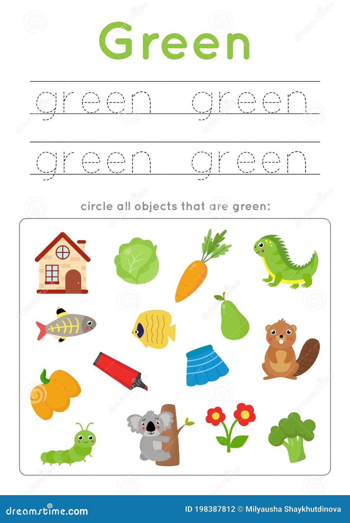 Learning Green Color For Preschool Kids Writing Practice Stock Vector Illustration Of Page Educational 198387812