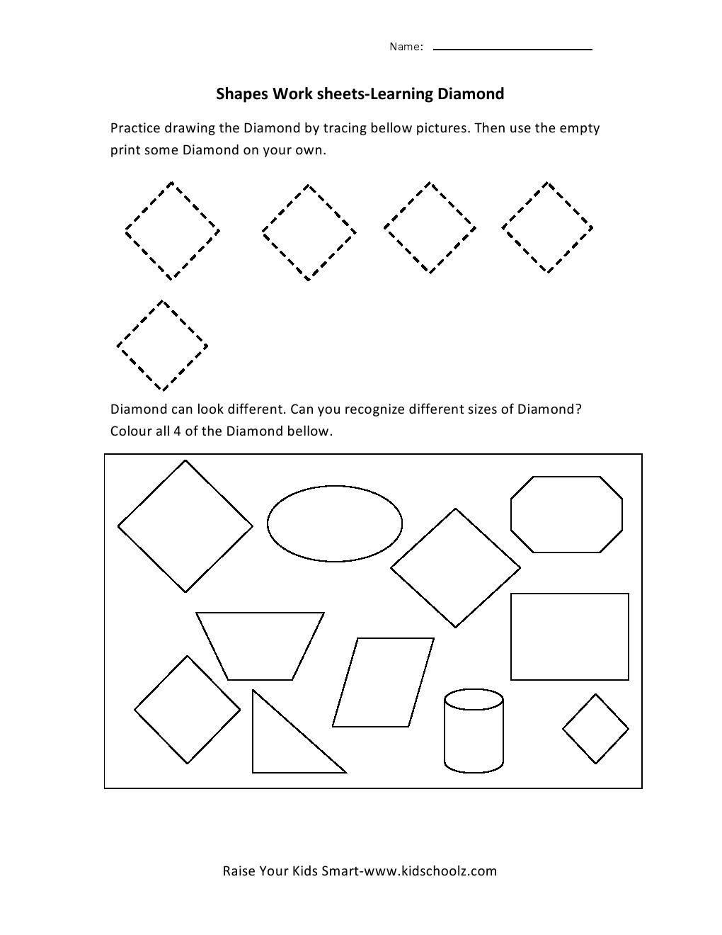 Learning Shapes Worksheets Diamond Kidschoolz
