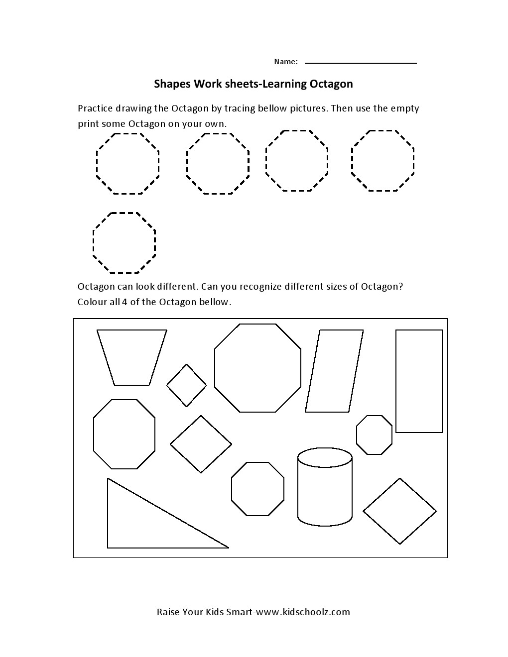 Learning Shapes Worksheets Octagon Kidschoolz