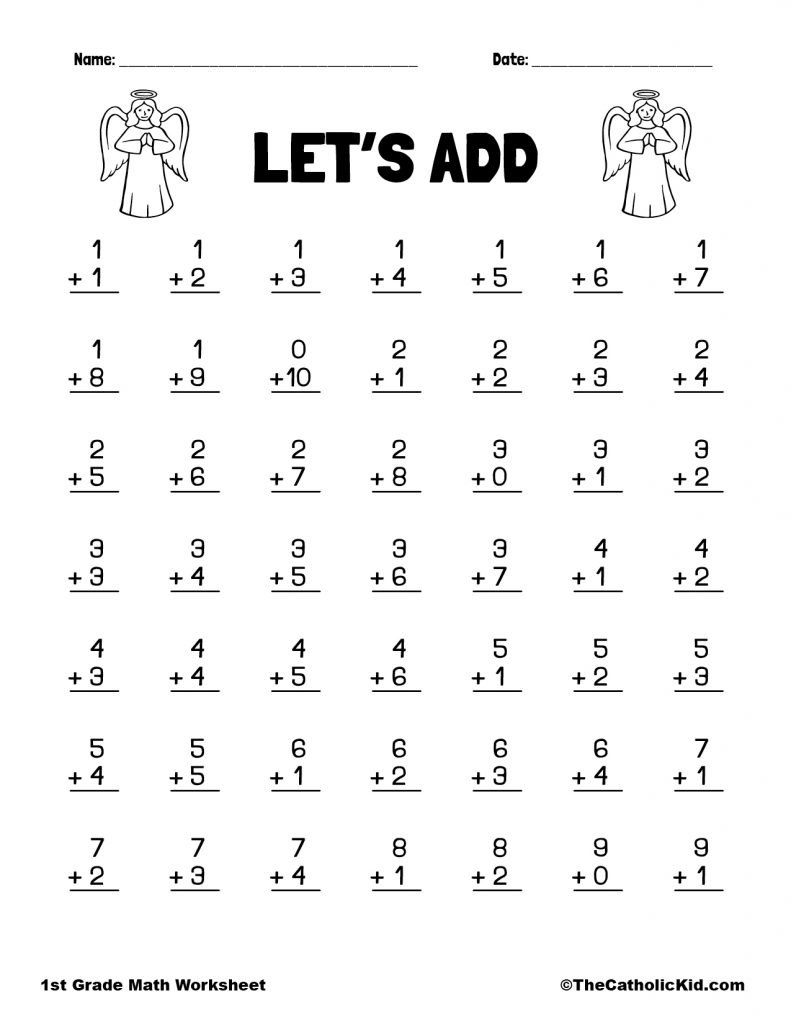 Let s Add 1st Grade Math Angel Worksheet Catholic Themed