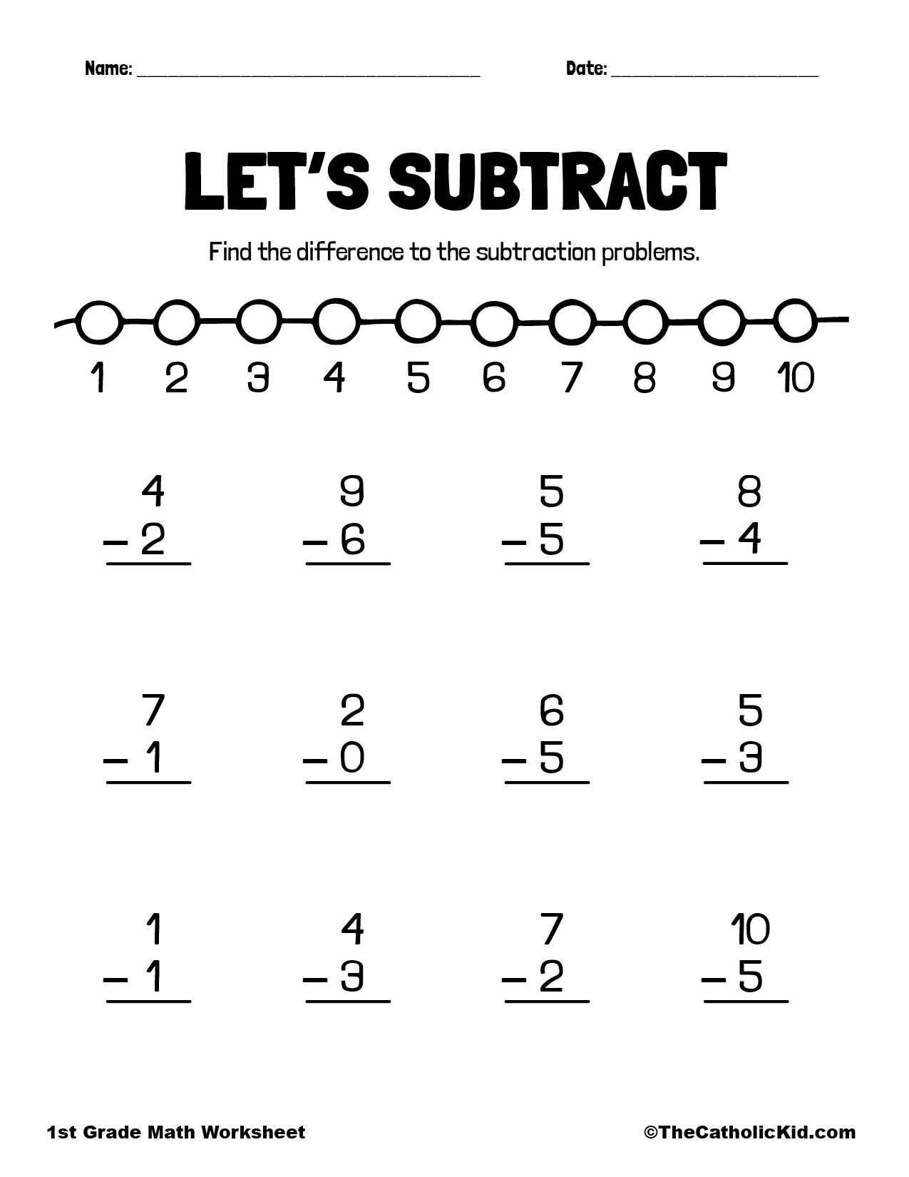 Let s Subtract 1st Grade Math Worksheet Catholic TheCatholicKid