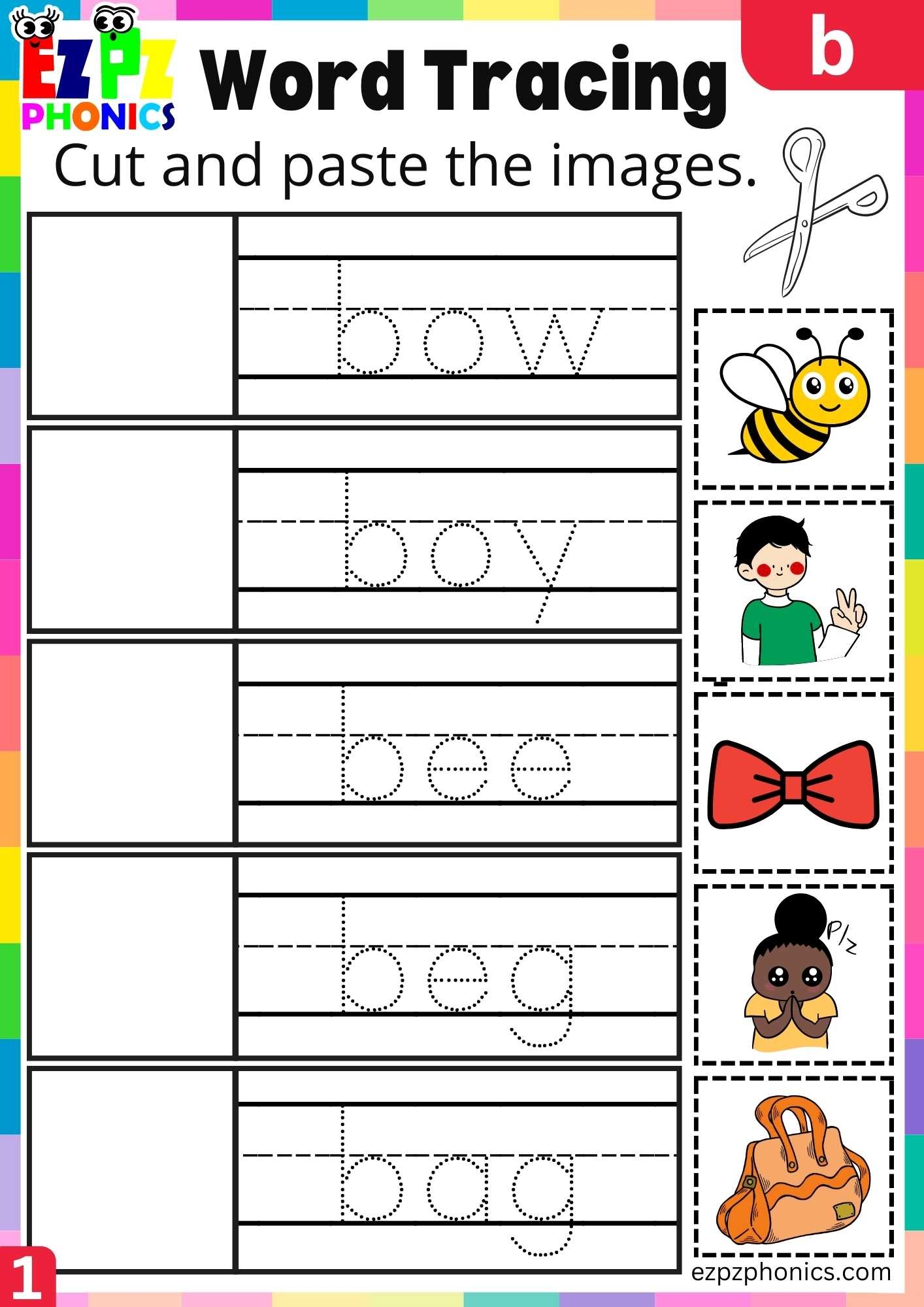 Letter B Word Tracing Cut And Paste Beginning Sounds Worksheet Ezpzphonics