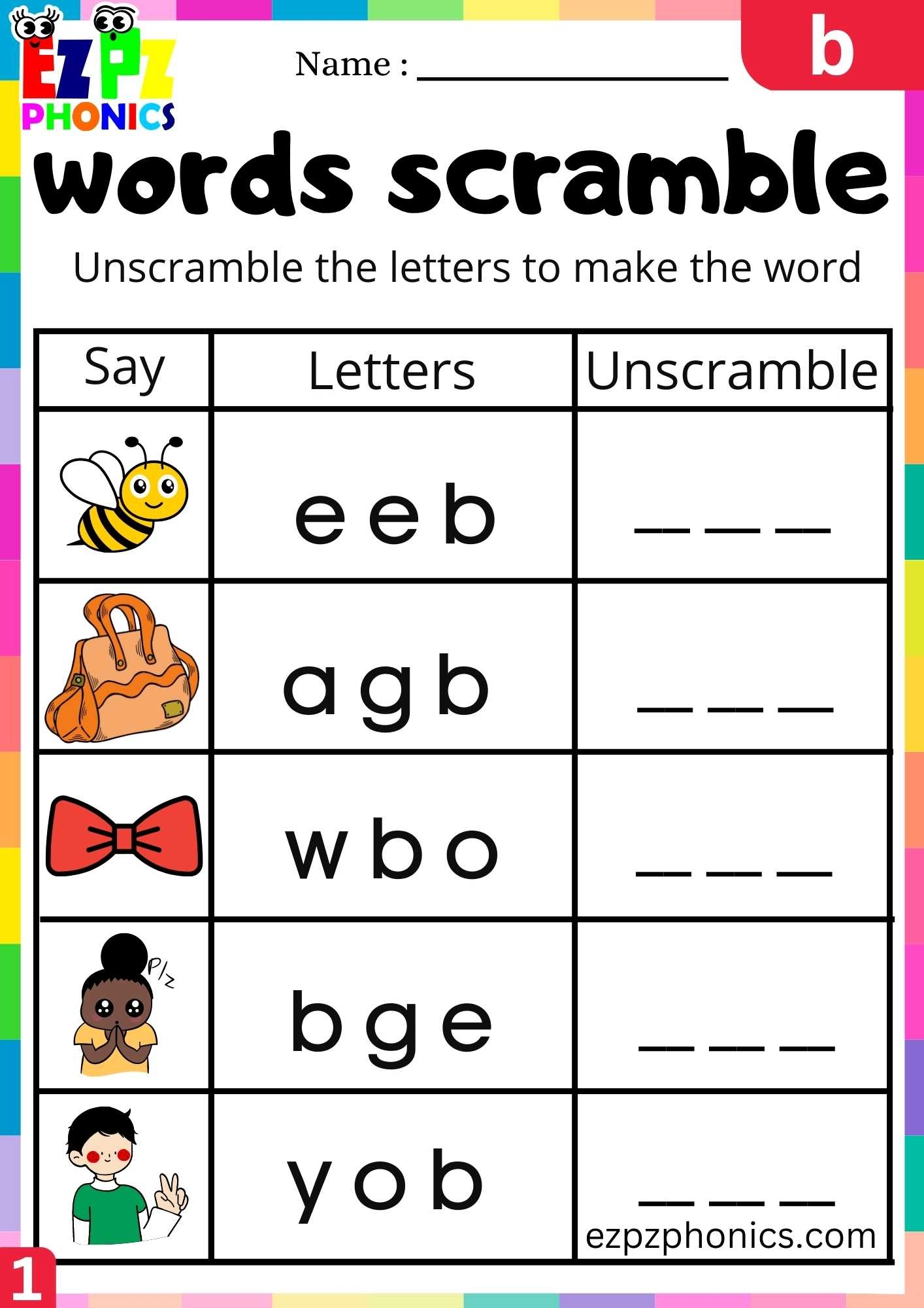 Letter B Words Scramble Beginning Sounds Worksheet Ezpzphonics