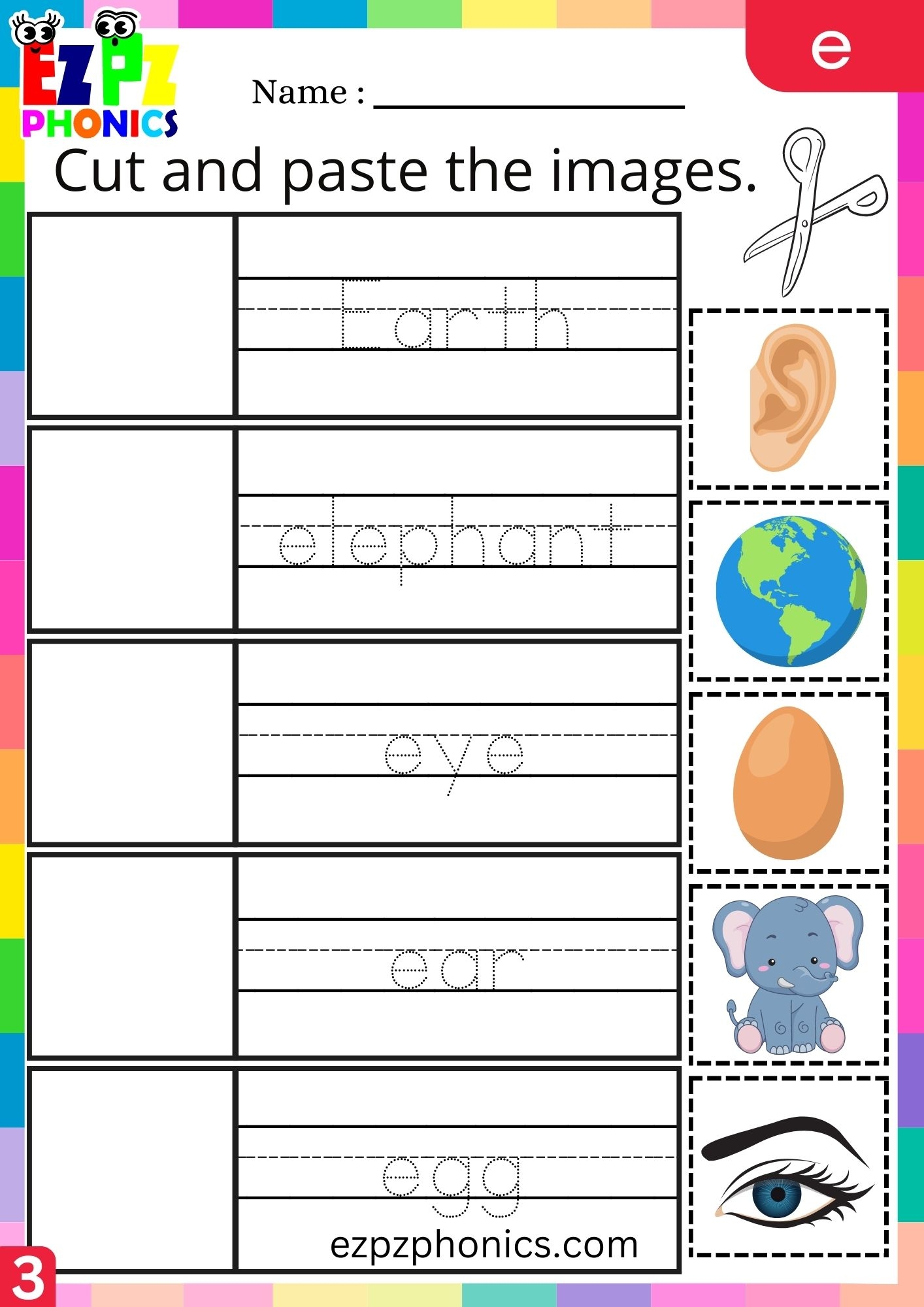 Letter E Cut And Paste The Images Phonics Activity Group 3 Ezpzphonics