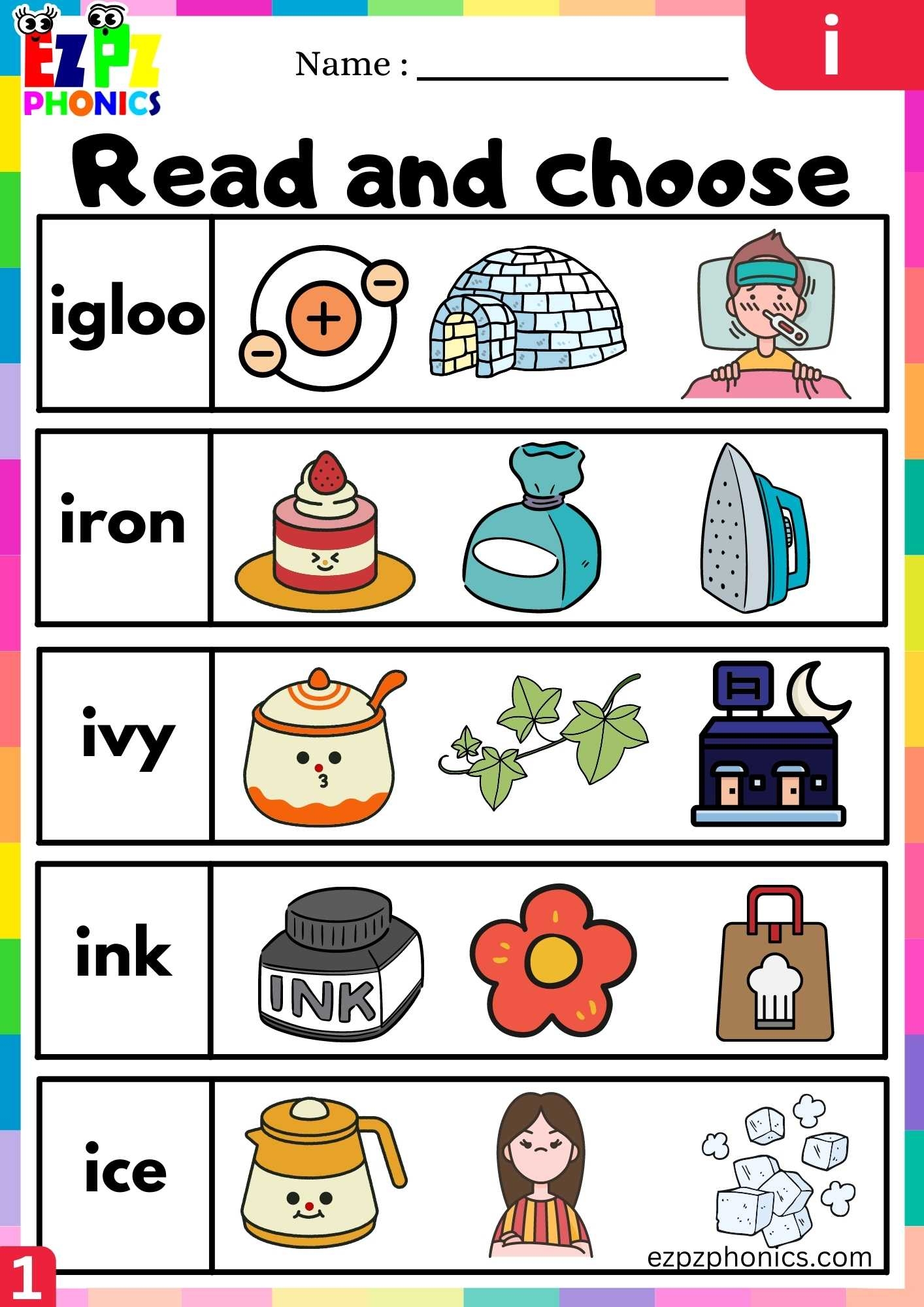 Letter I Read And Choose Beginning Sounds Worksheet Ezpzphonics