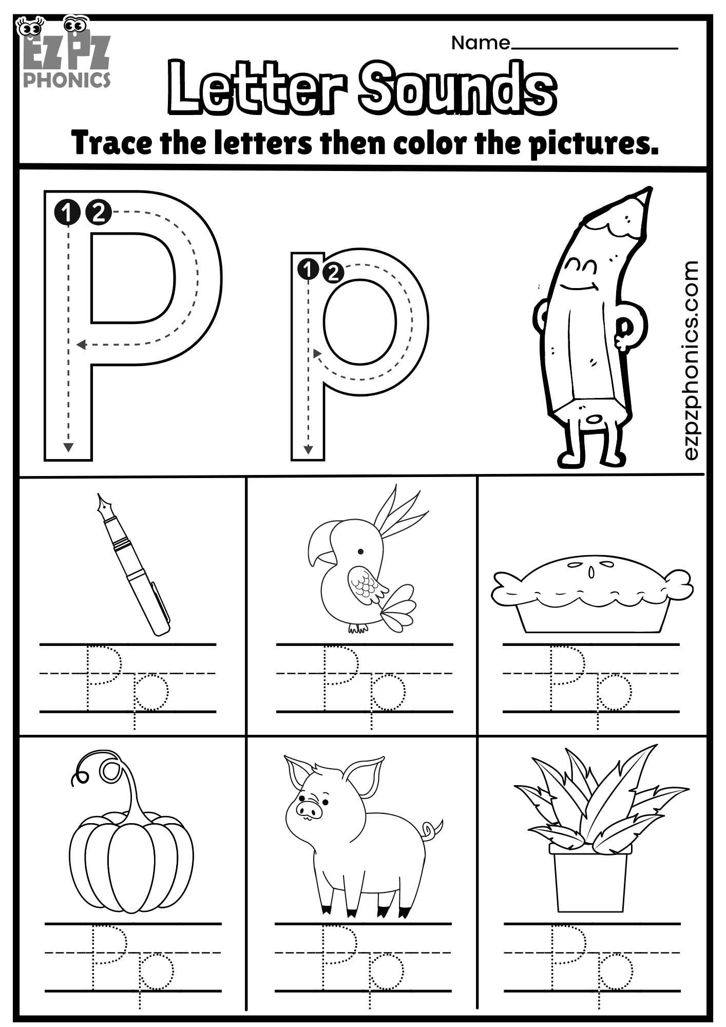 Letter Pp Trace And Color The Pictures Free PDF Download Ezpzphonics