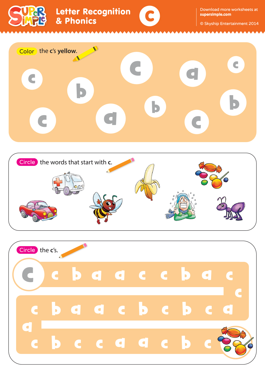 Letter Recognition Phonics Worksheet C lowercase Super Simple