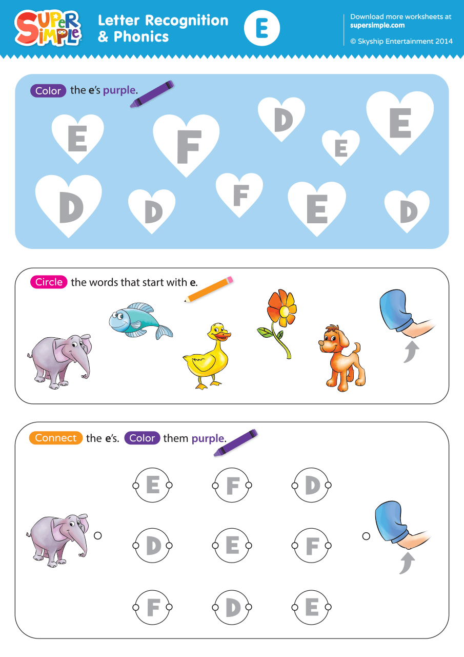 Letter Recognition Phonics Worksheet E Uppercase Super Simple