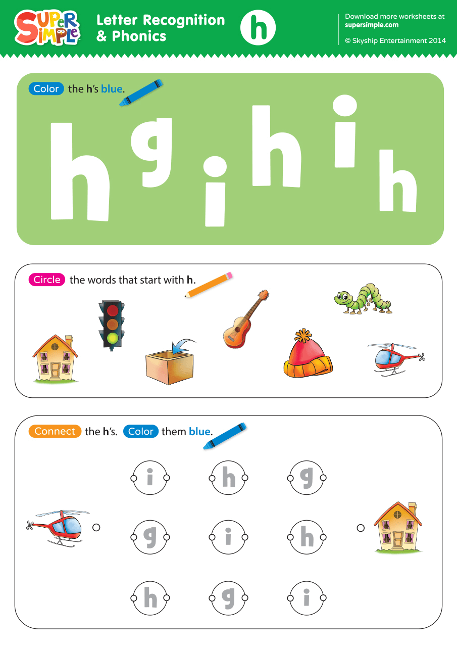 Letter Recognition Phonics Worksheet H lowercase Super Simple