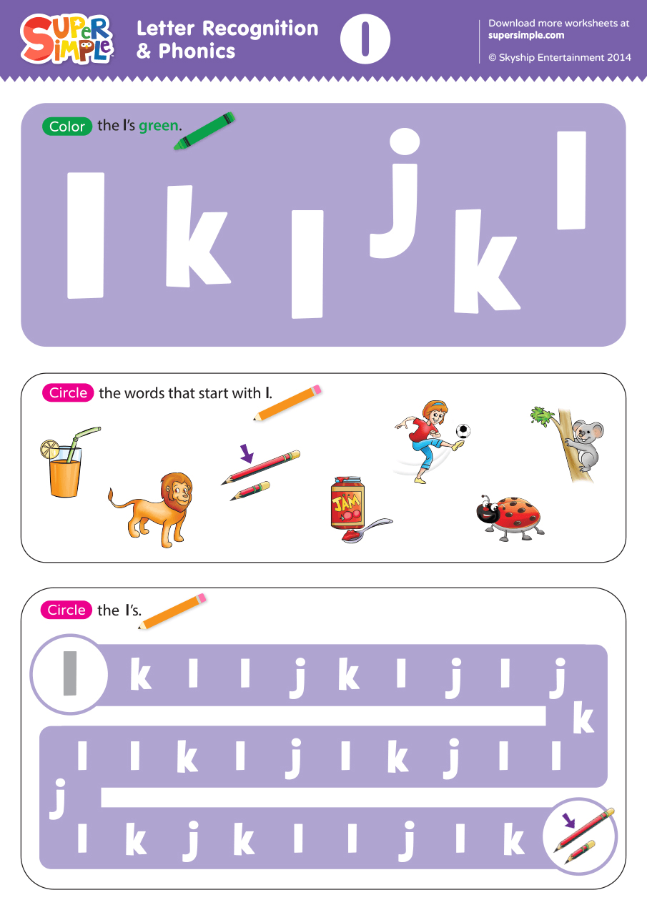 Letter Recognition Phonics Worksheet L lowercase Super Simple