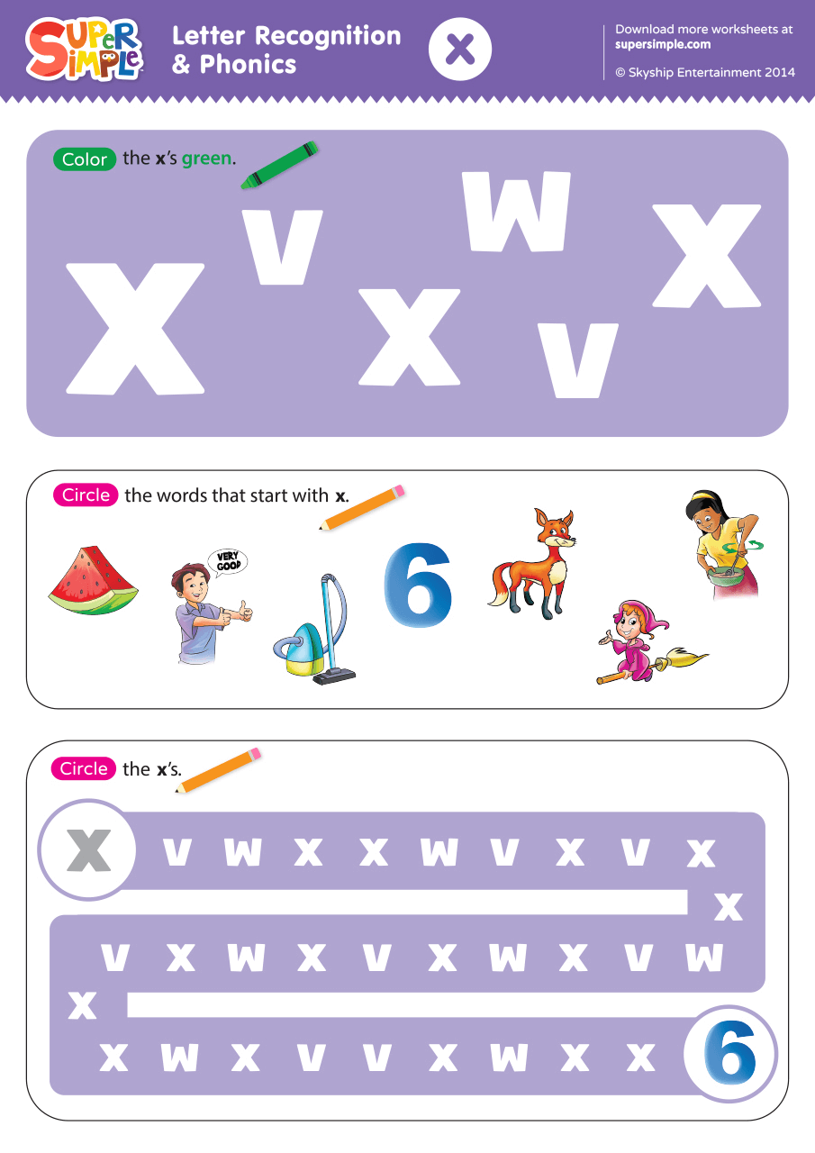 Letter Recognition Phonics Worksheet X lowercase Super Simple