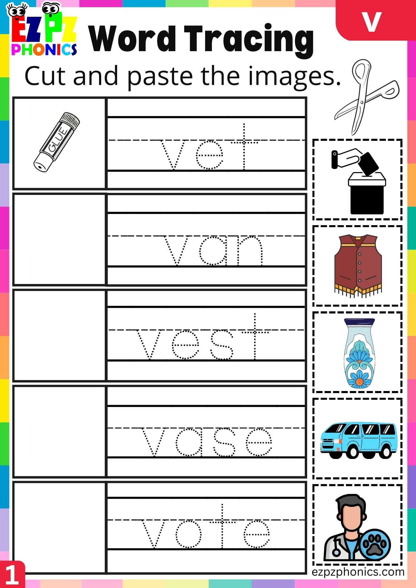 Letter V Word Tracing Beginning Sounds Worksheet Ezpzphonics