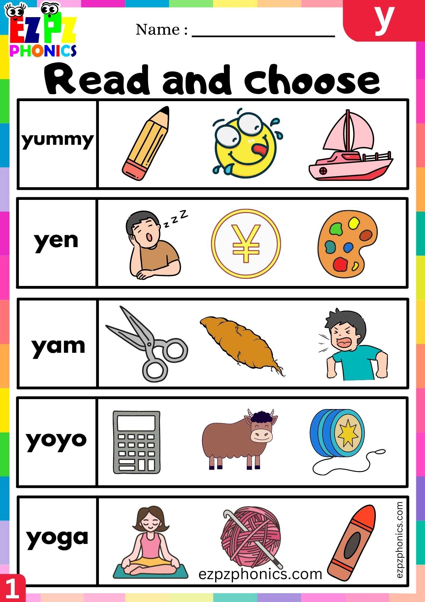 Letter Y Read And Choose Beginning Sounds Worksheet Ezpzphonics
