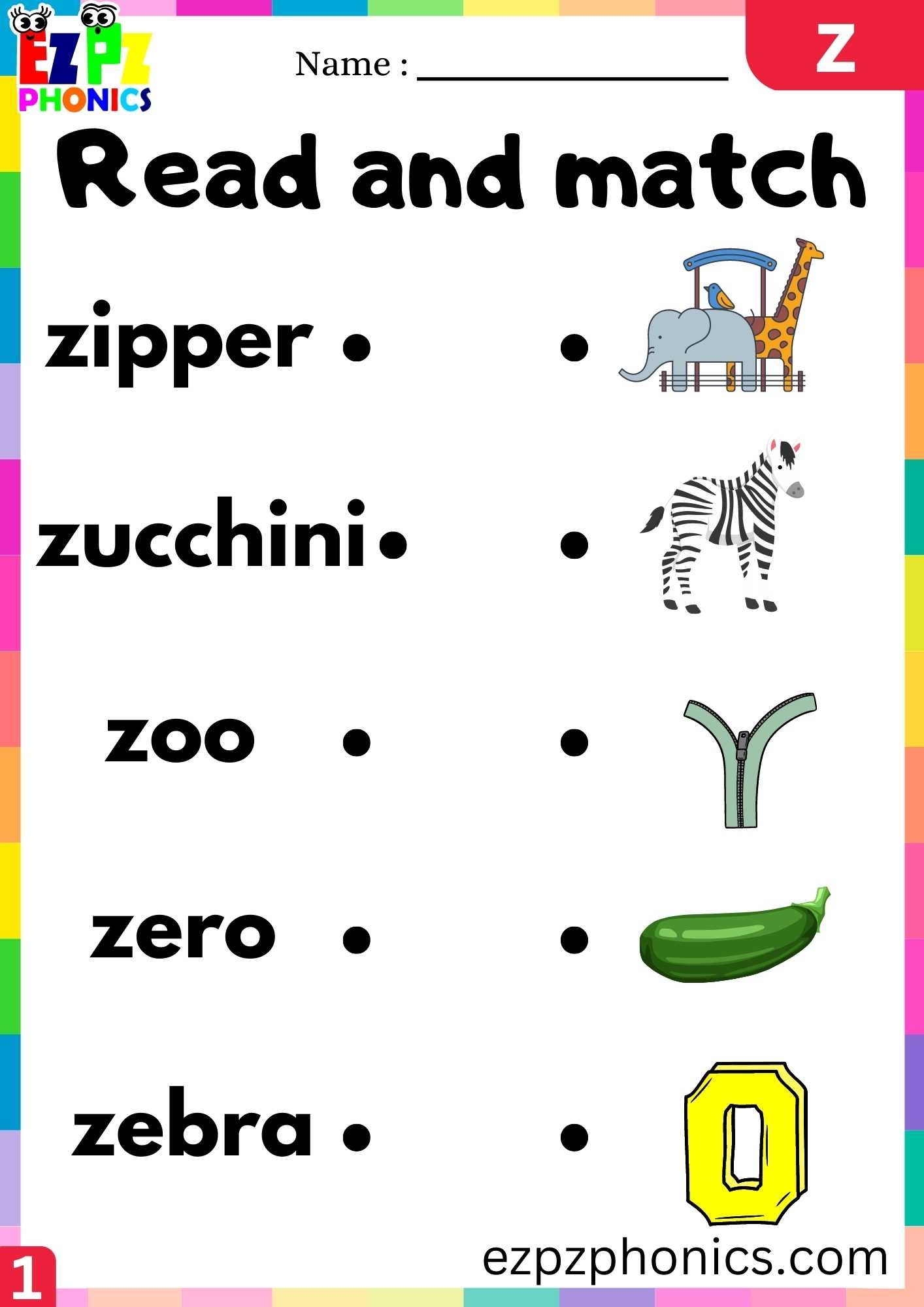 Letter Z Read And Match Beginning Sounds Worksheet Ezpzphonics