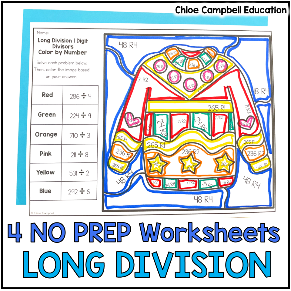 Long Division With Remainders Color By Number Winter Math Worksheets Chloe Campbell Education