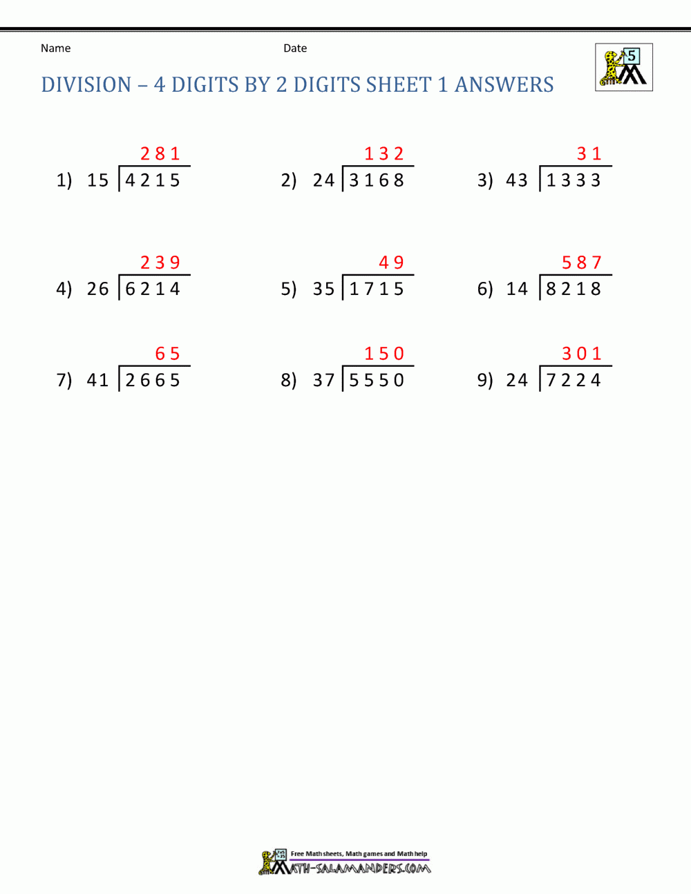 Long Division Worksheets For 5th Grade