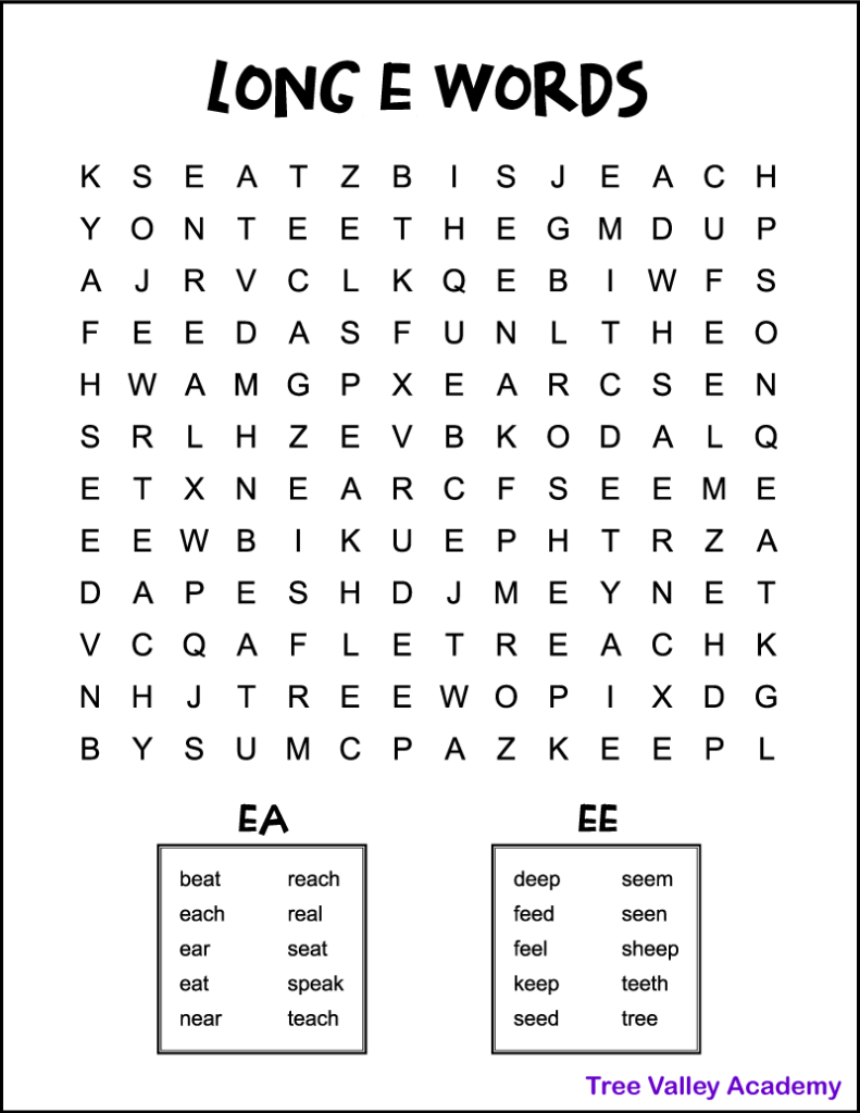 Long E Word Search Tree Valley Academy