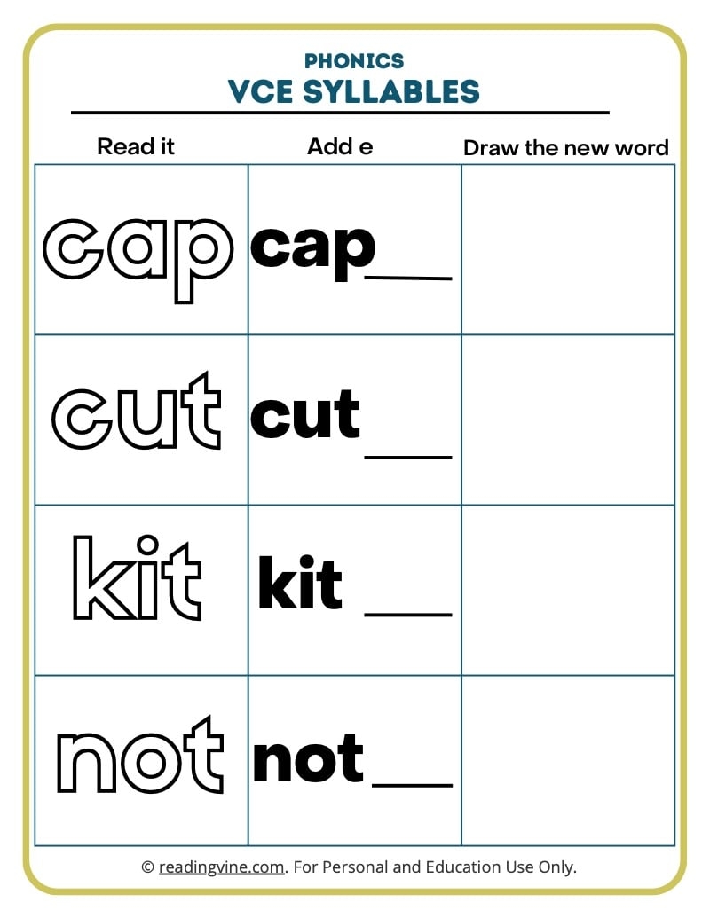 Magic E Words VCE Syllables Worksheets And Word List