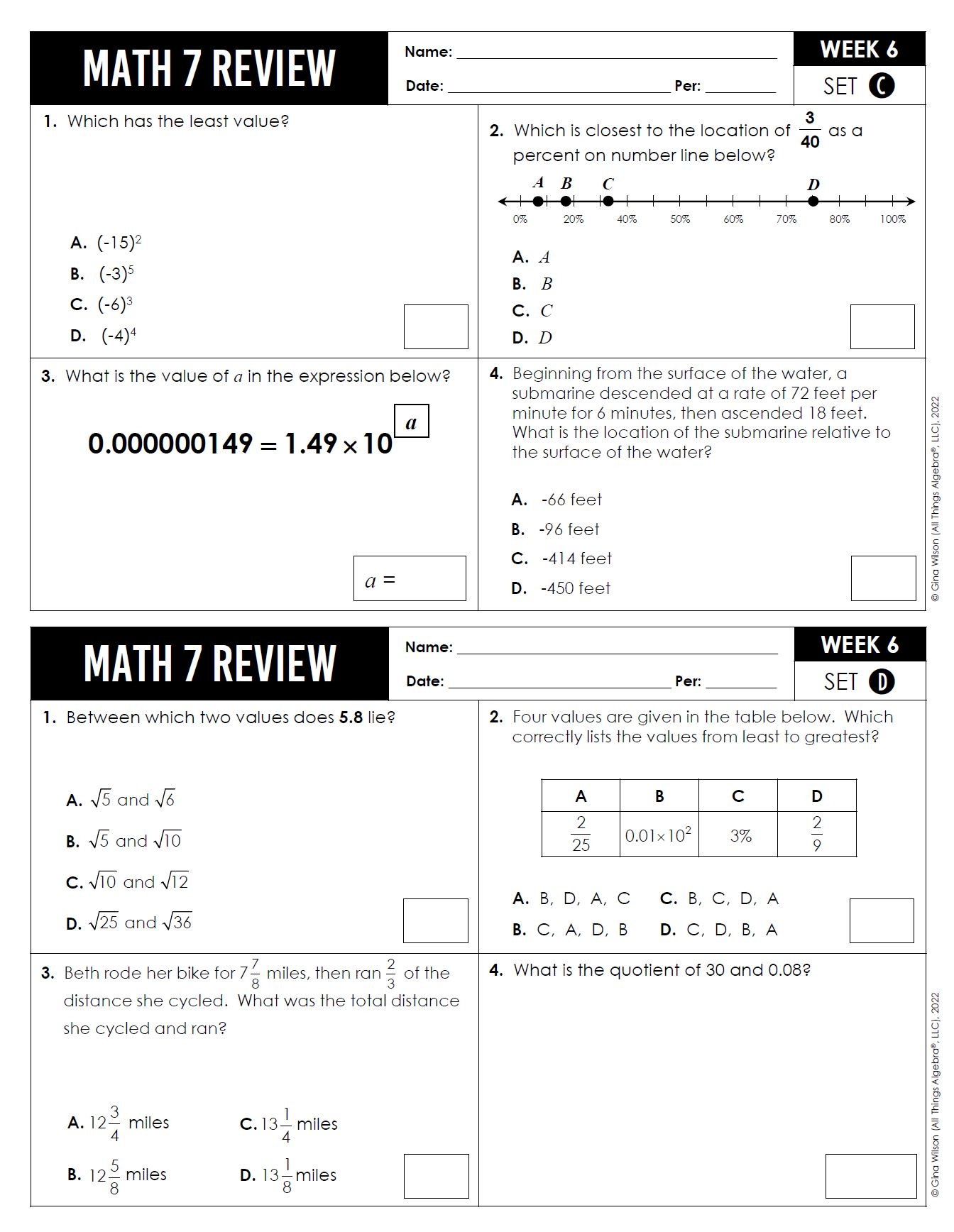 Math 7 Spiral Reviews All Things Algebra 