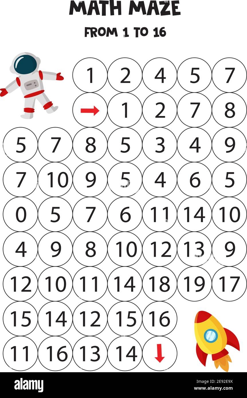 Math Maze With Astronaut And Rocket Count To 16 Printable Game For Kids Stock Vector Image Art Alamy