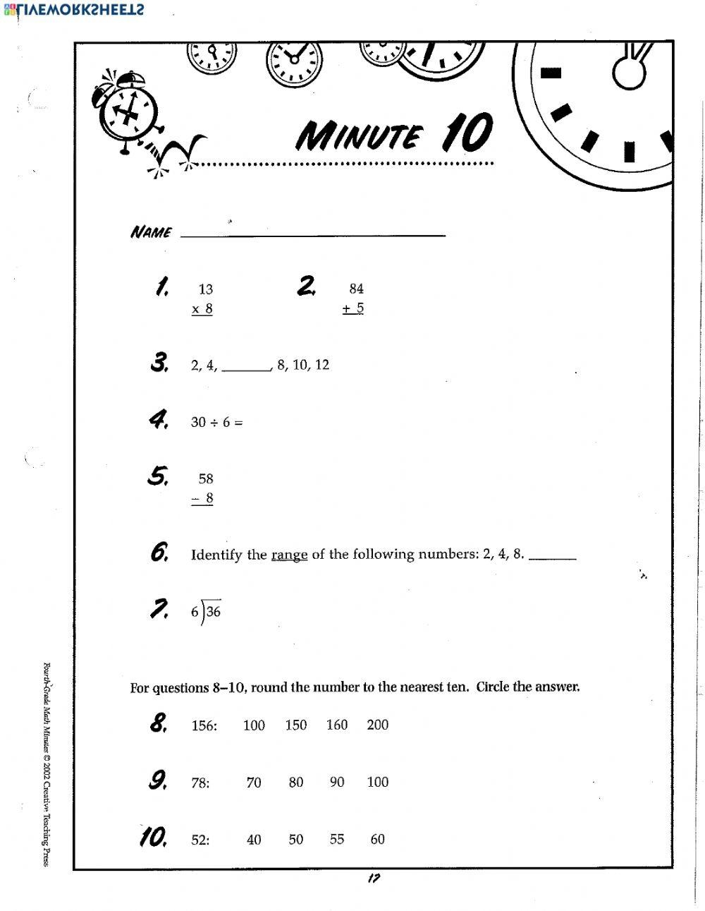 Math Minute 10 Worksheet Worksheets Library