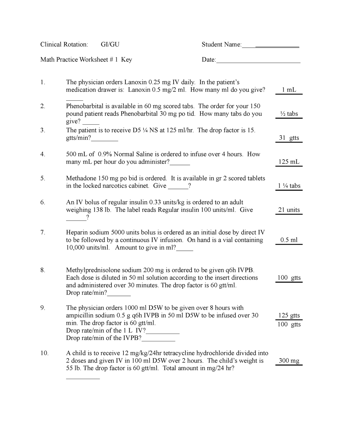 Math Practice Worksheet 2 Clinical Rotation GI GU Student Name Worksheets Library