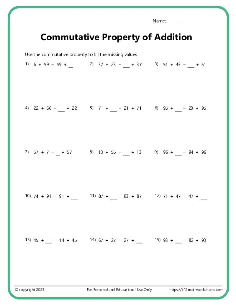 Math Properties Worksheets