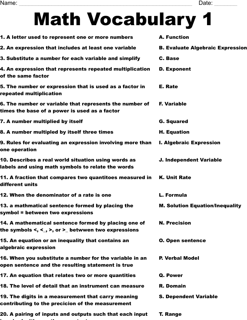 Math Vocabulary 1 Worksheet WordMint