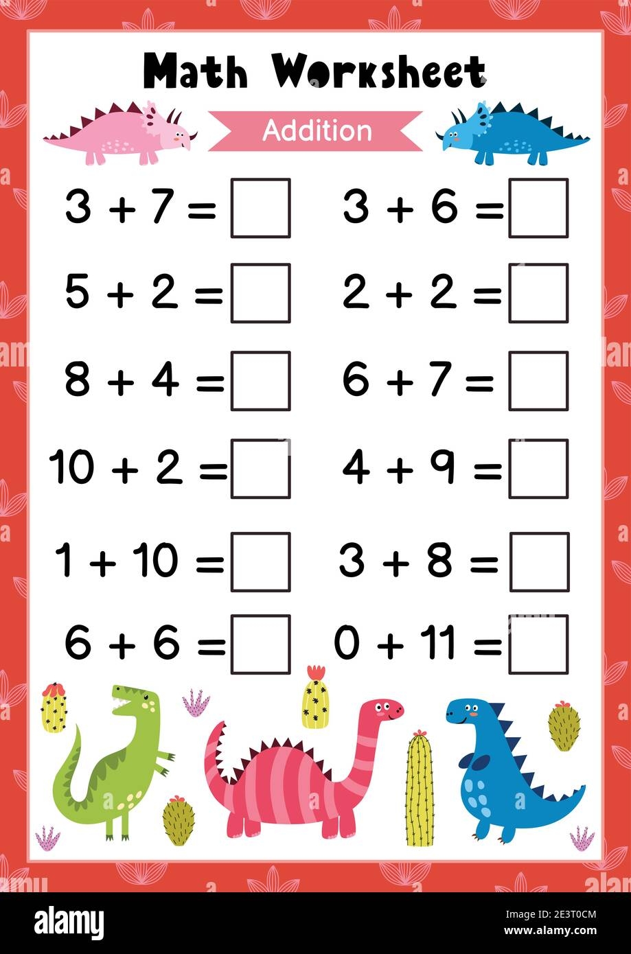 Math Worksheet For Kids Addition Mathematic Activity Page With Cute Dinosaurs Stock Vector Image Art Alamy