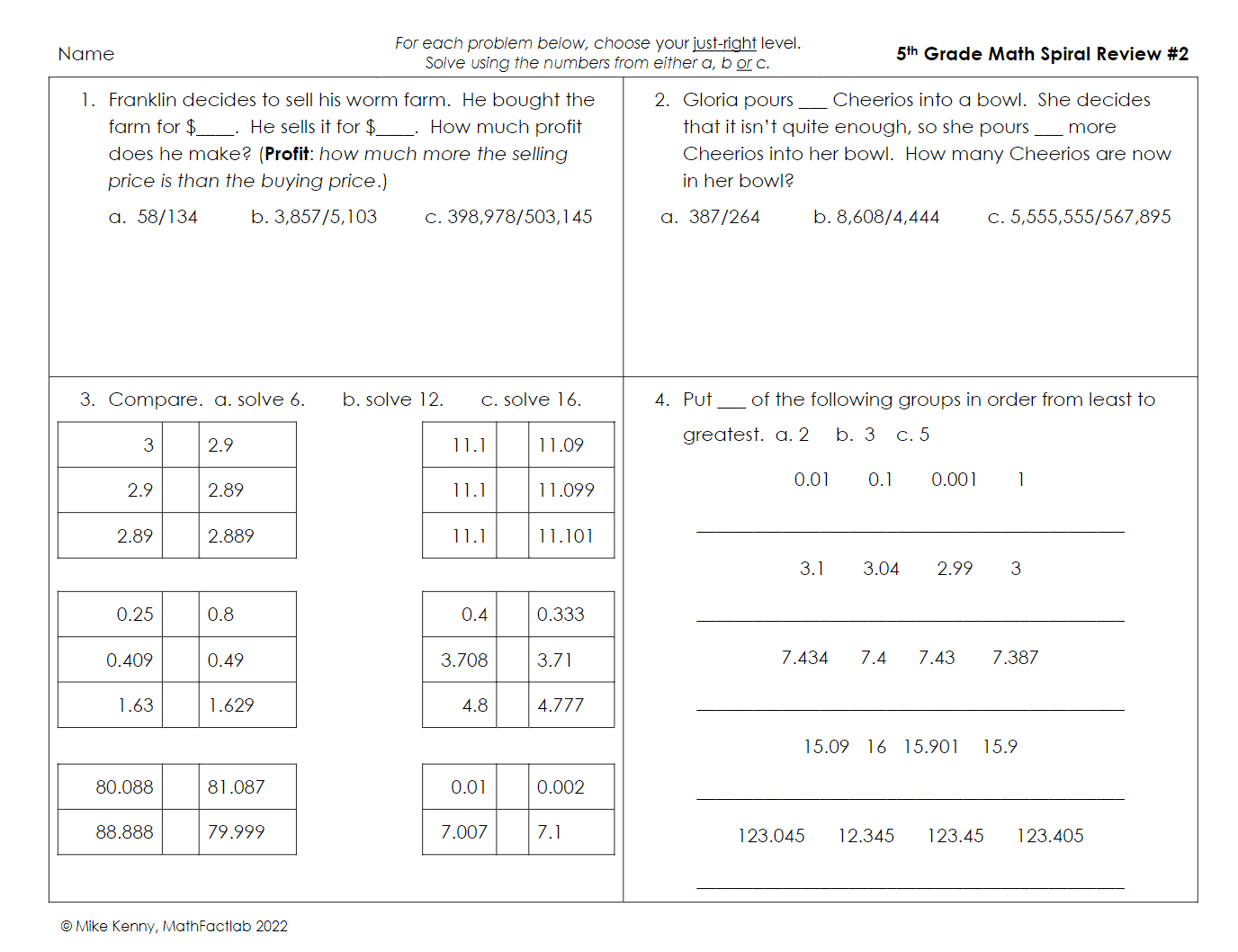 MathFactLab Differentiated 5th Grade Math Spiral Review PDF Worksheet 2 Free