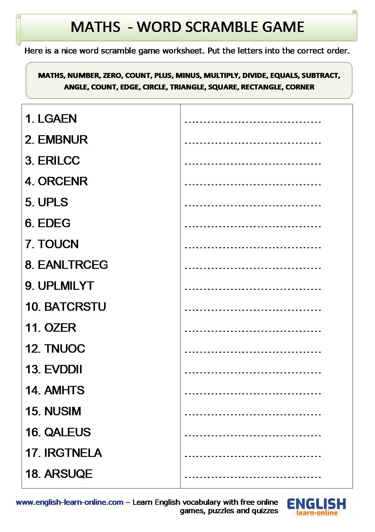 Maths Vocabulary Worksheets Library