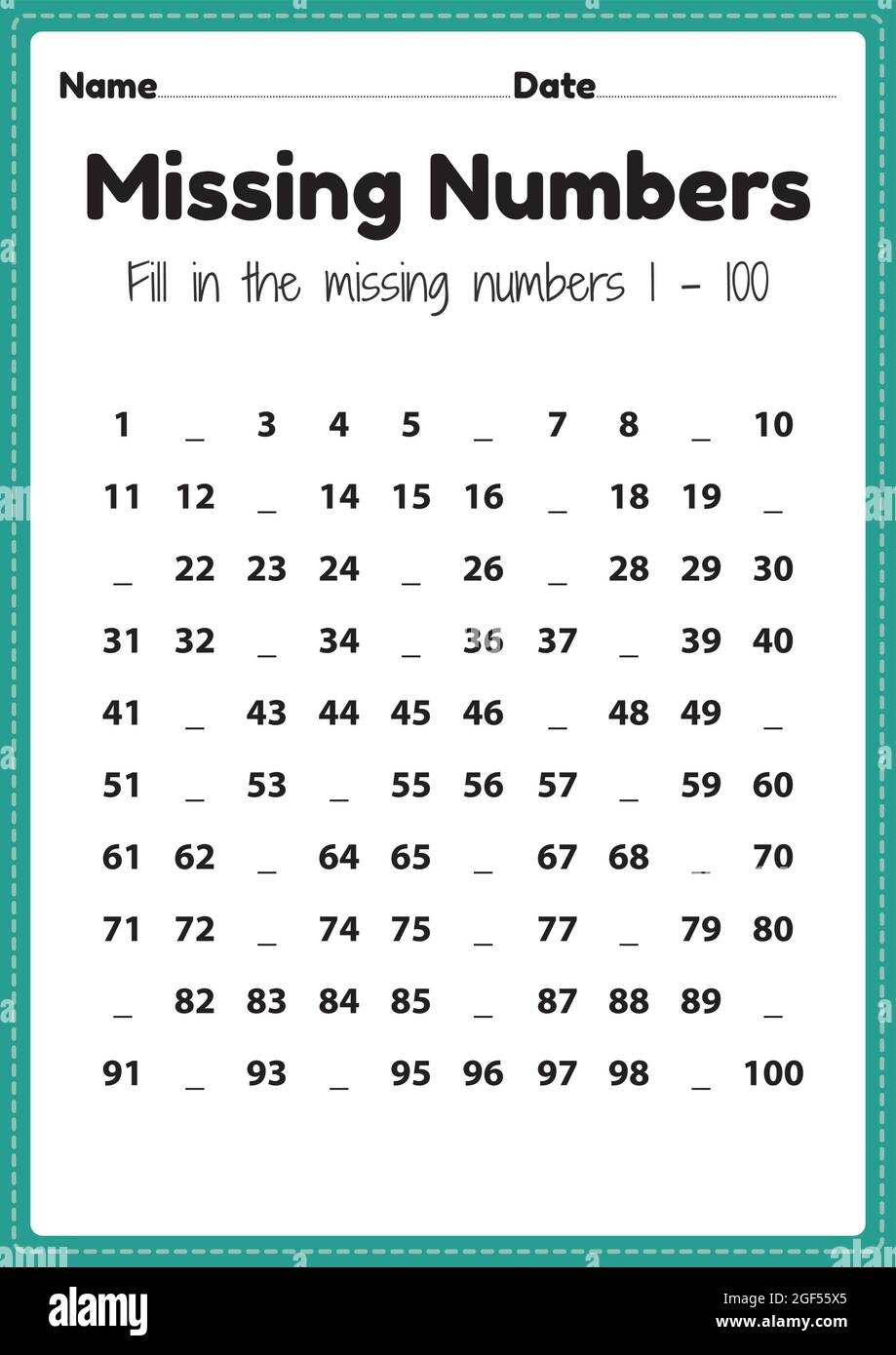 Maths Worksheets Missing Numbers 1 To 100 Printable Sheet For Preschool And Kindergarten Kids Activity To Learn Basic Mathematics Skills Stock Vector Image Art Alamy
