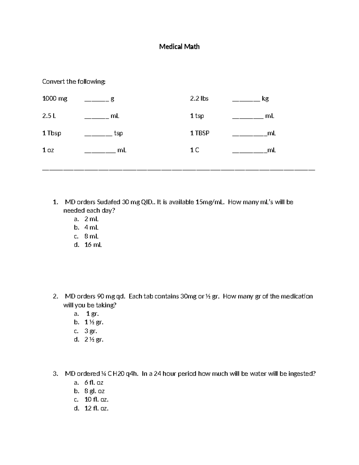 medical math worksheets