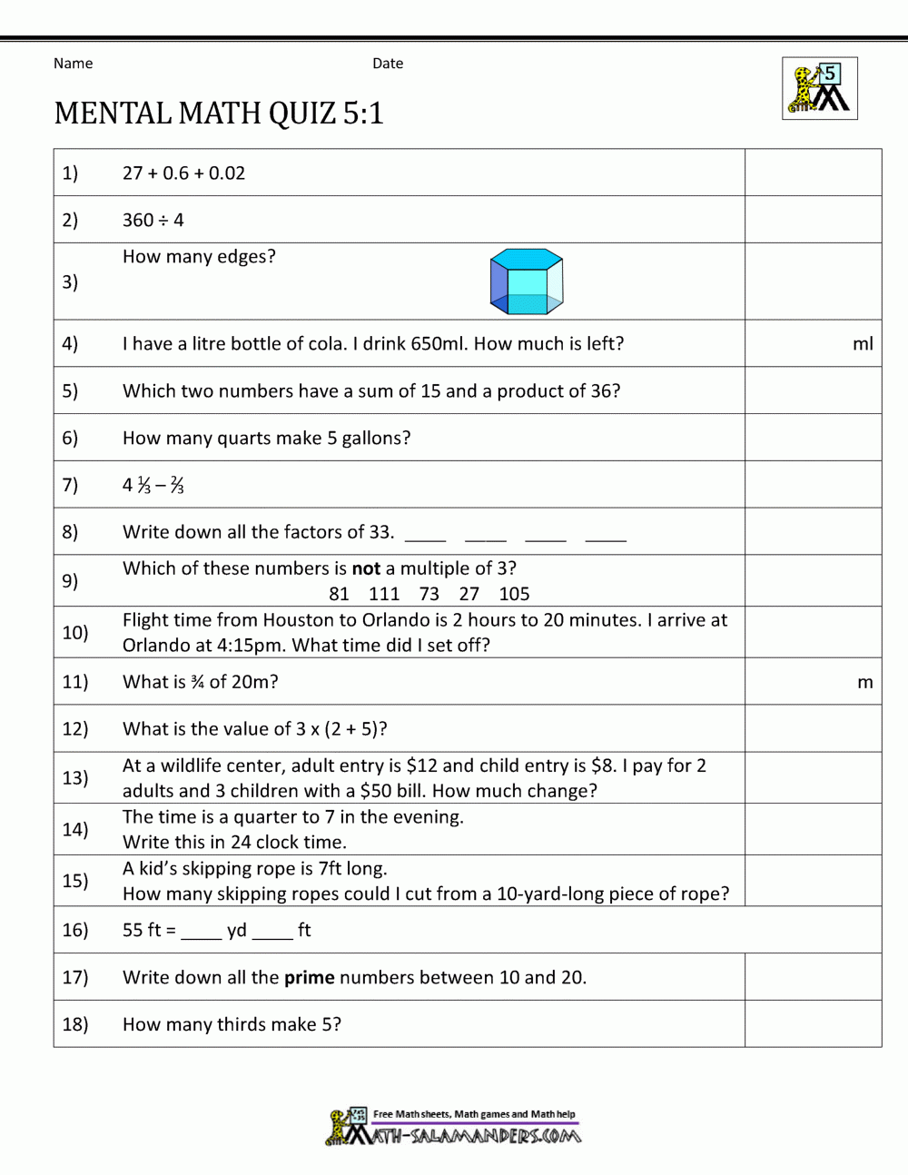 Mental Math 5th Grade