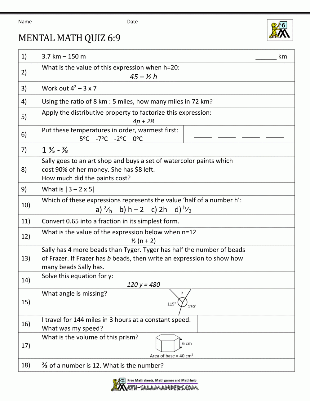 Mental Math 6th Grade