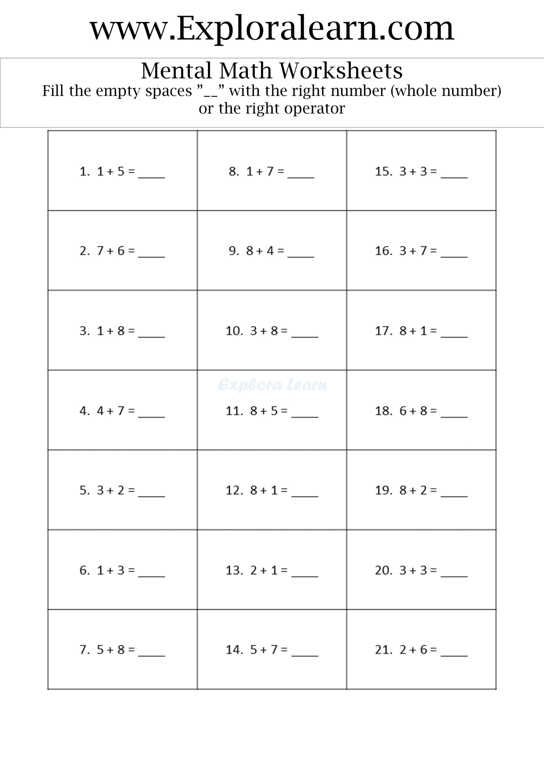 mental math worksheets