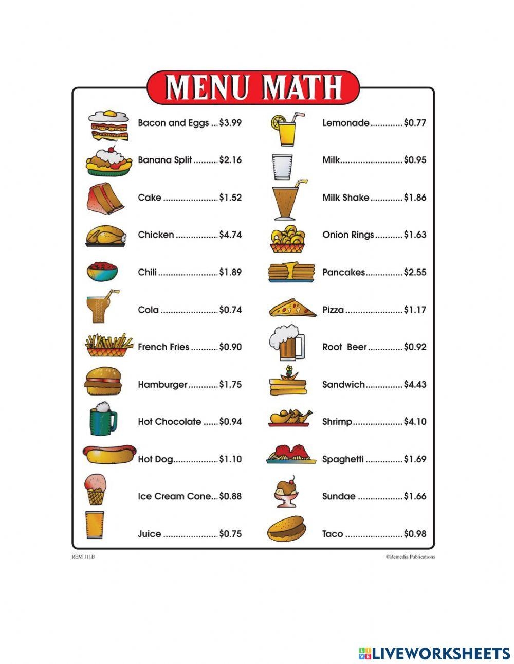 Menu Math Free Interactive Worksheets 892936