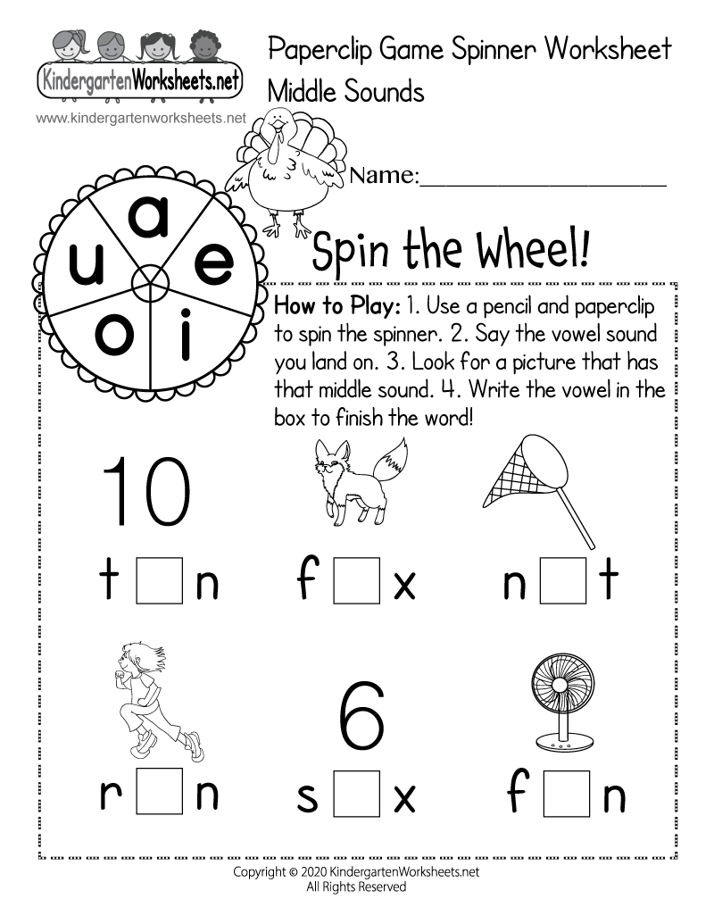 Middle Sounds Paperclip Game Spinner Worksheet Free Printable Digital PDF
