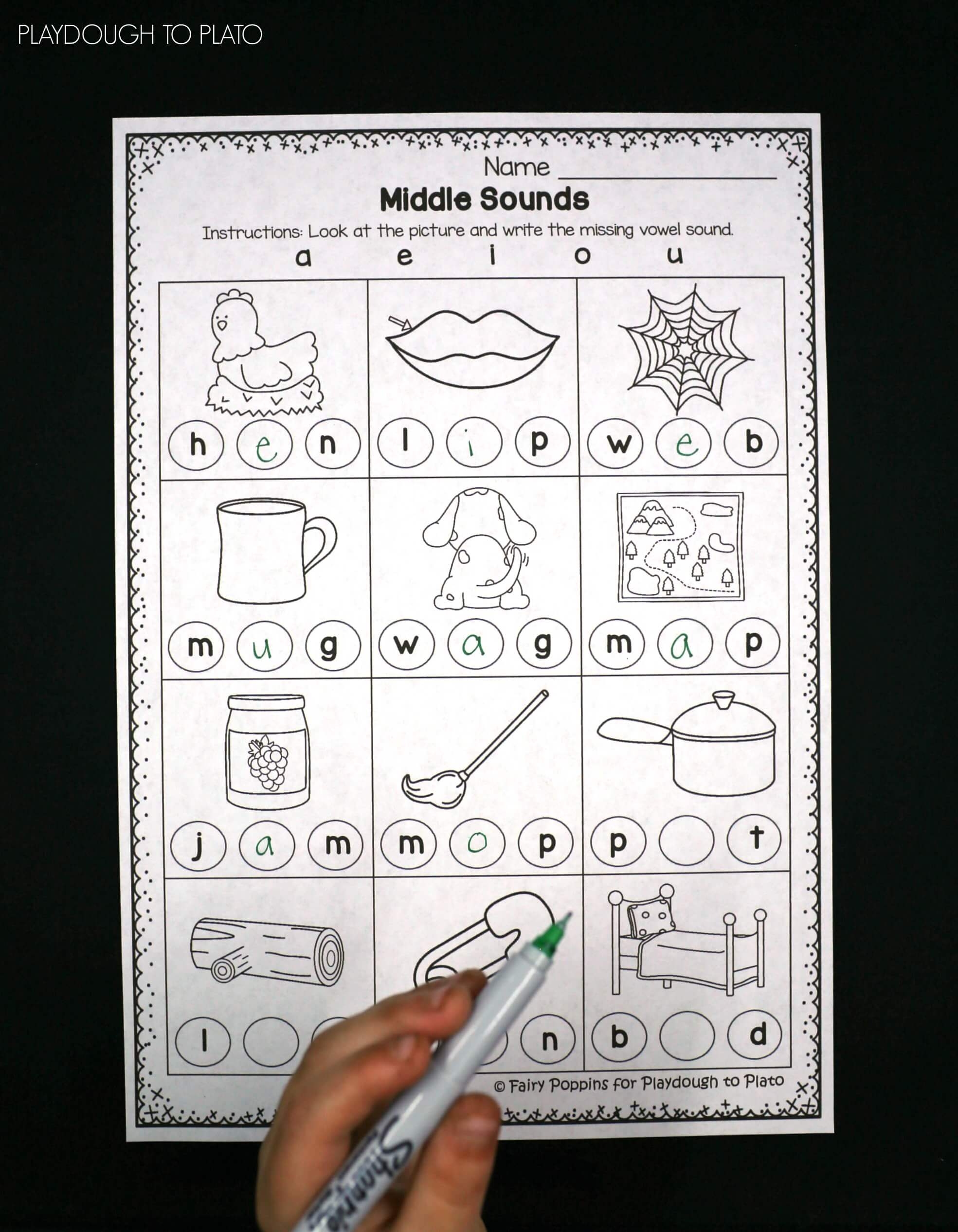 Middle Vowel Activity Sheets Playdough To Plato