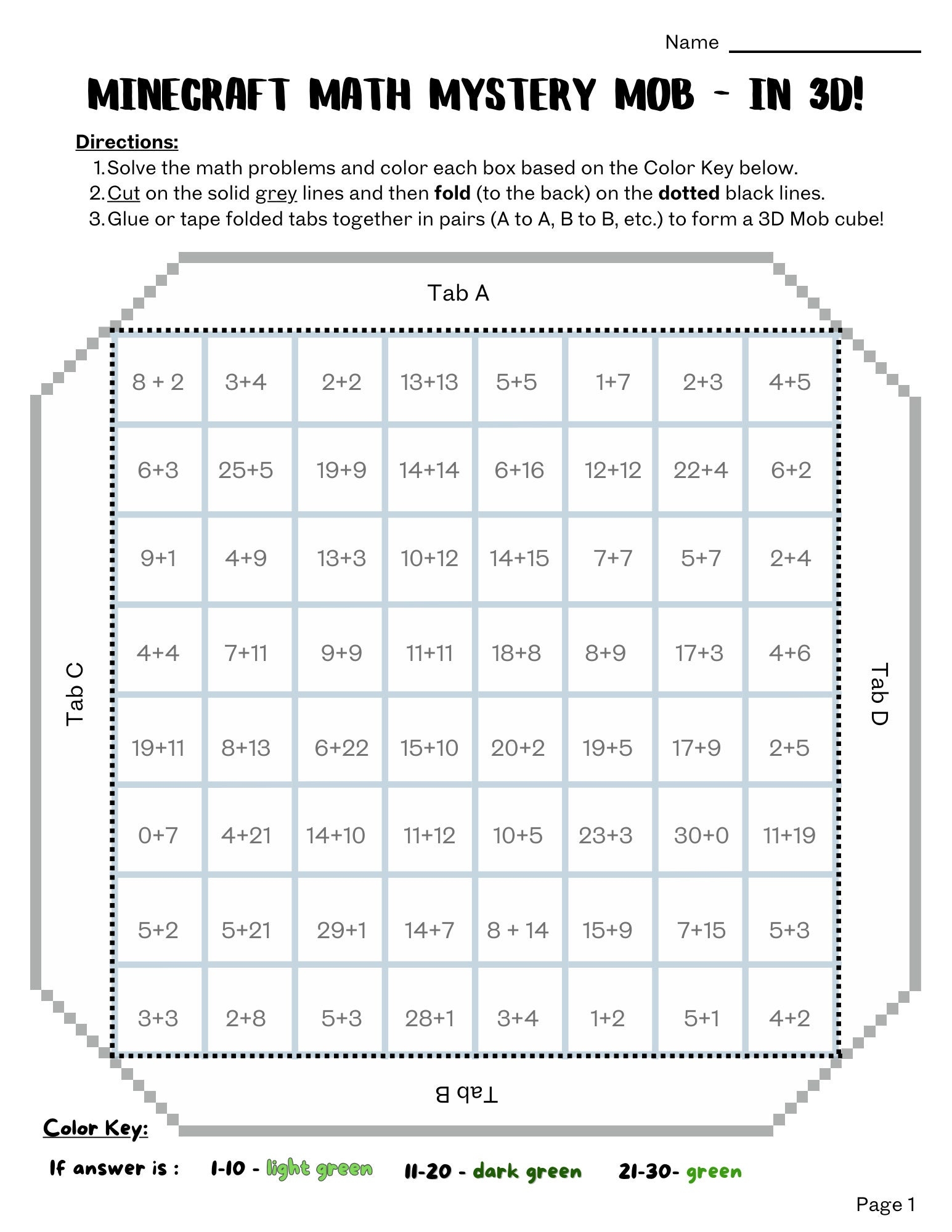 Minecraft Math Mystery Mob In 3D Educational Activity Math Facts Practice Slime Block Print And Go Etsy