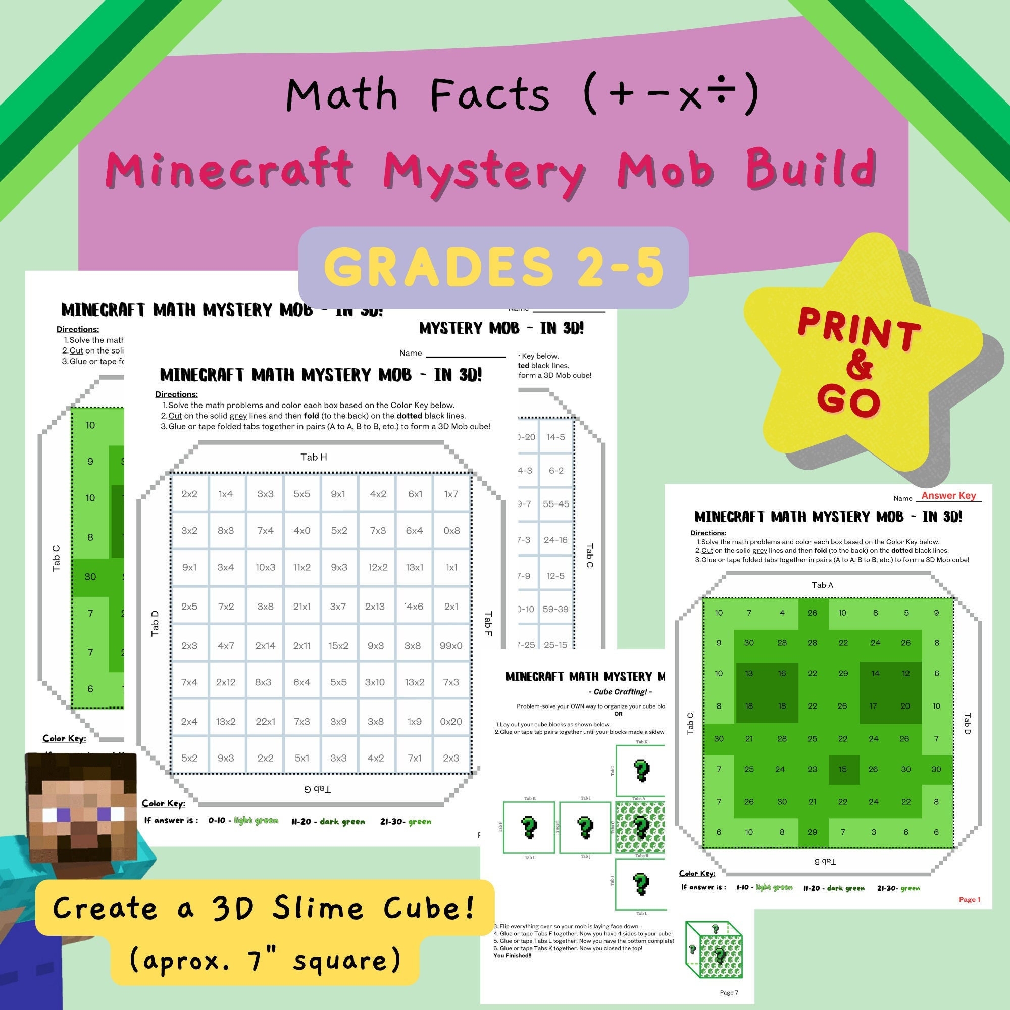 Minecraft Math Mystery Mob In 3D Educational Activity Math Facts Practice Slime Block Print And Go Etsy