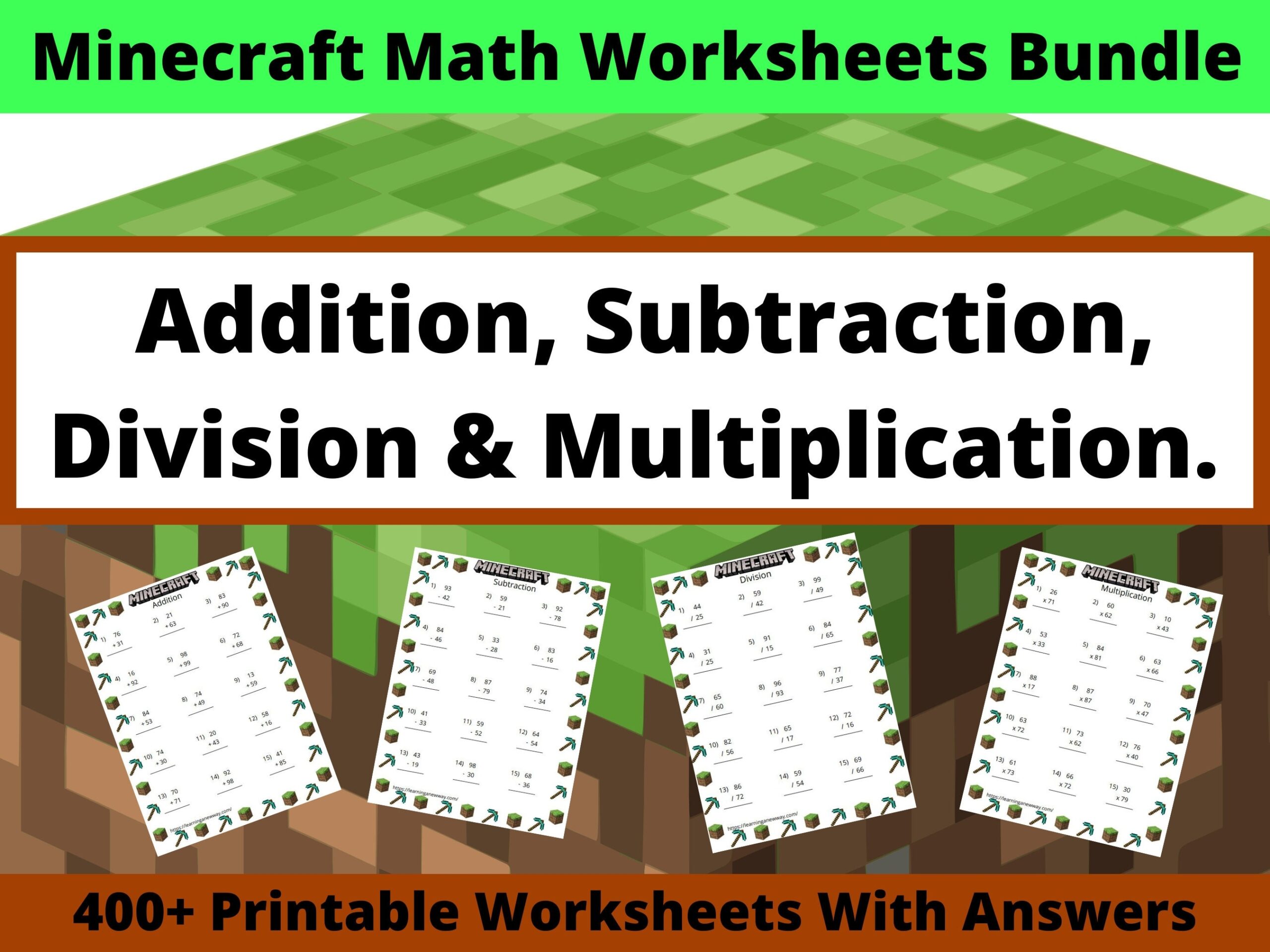 Minecraft Math Worksheets Bundle 400 Pages Of Math Worksheets Including Addition Subtraction Multiplication And Division Math Printable Etsy